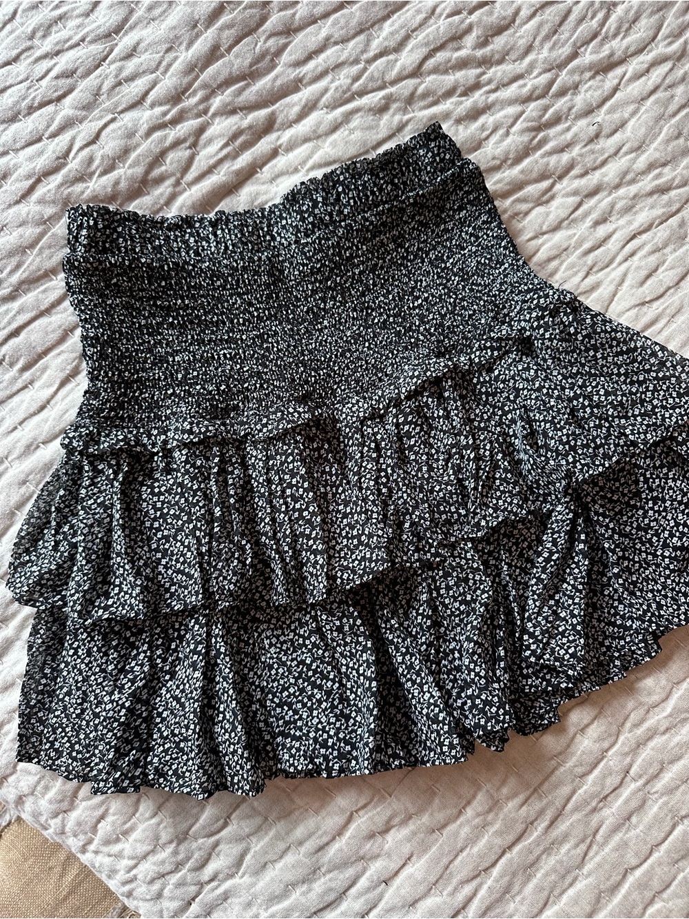 Smocked Tiered Ruffle Mini Skirt in Black Floral